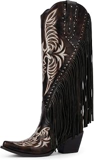 QIY Cowboy Boots for Women Fringe Cowgirl Boots Embroidered Studded Pointed Toe Chunky Heel Western Knee High Boots Pull On Tall Boot
