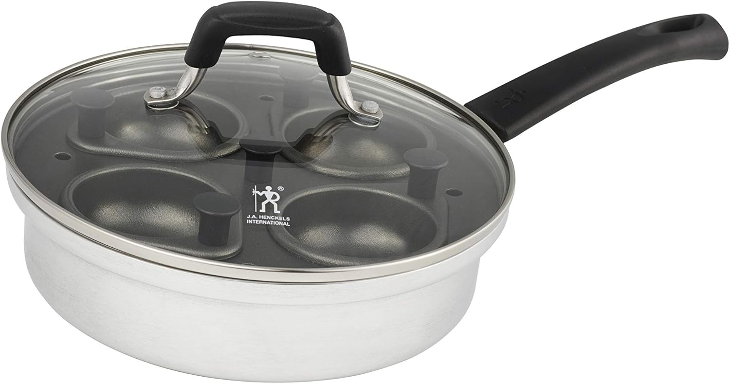 HENCKELS Non-Stick Cup 4 Eggs Poacher with Glass Lid, Silver, Black,