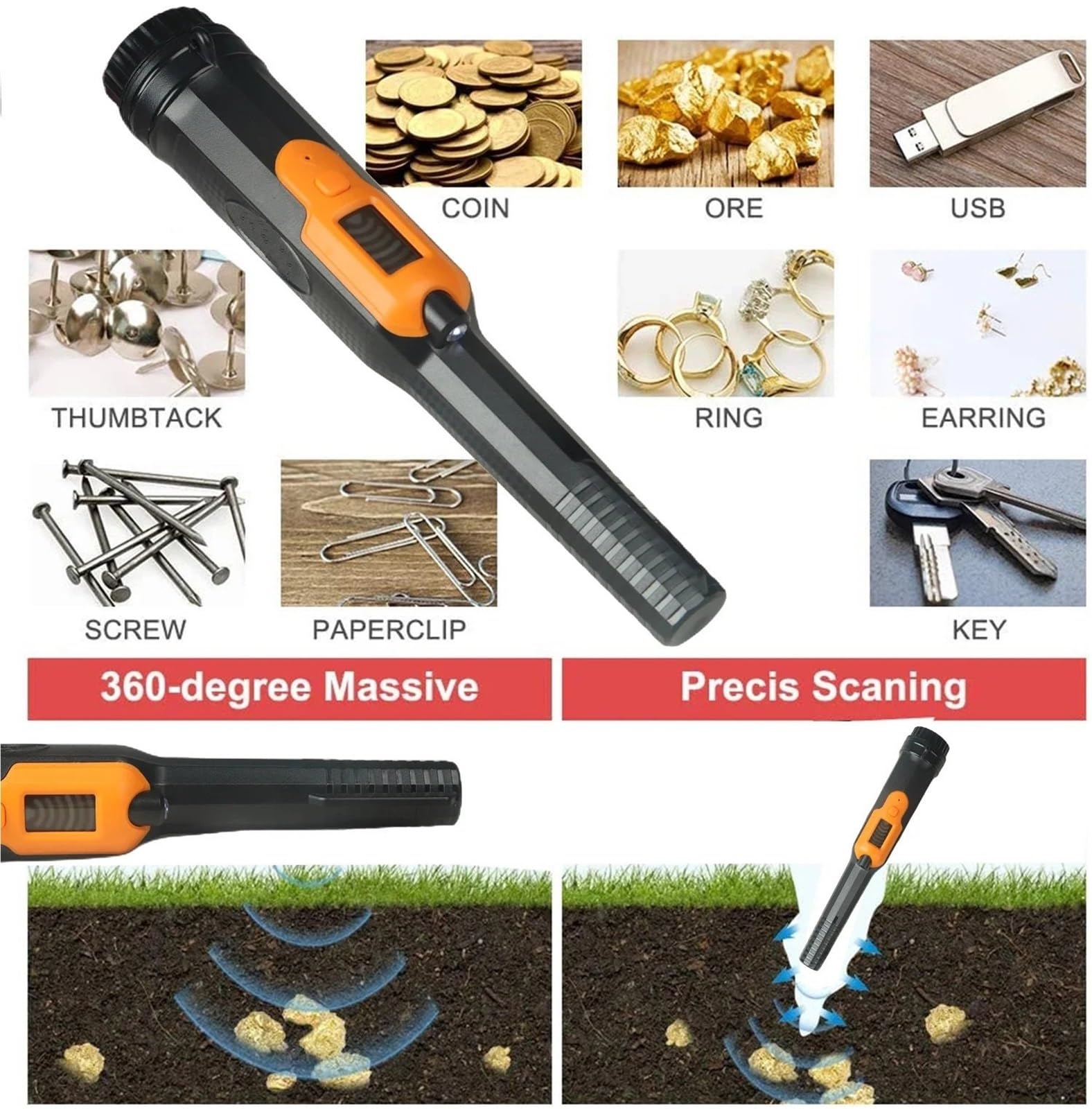 wykrywacz Wodoodporny wykrywacz metali złota z latarką LED IP68 Podwodny wykrywacz bezpieczeństwa Pinpointer wykrywacz metali(Waterproof oange)