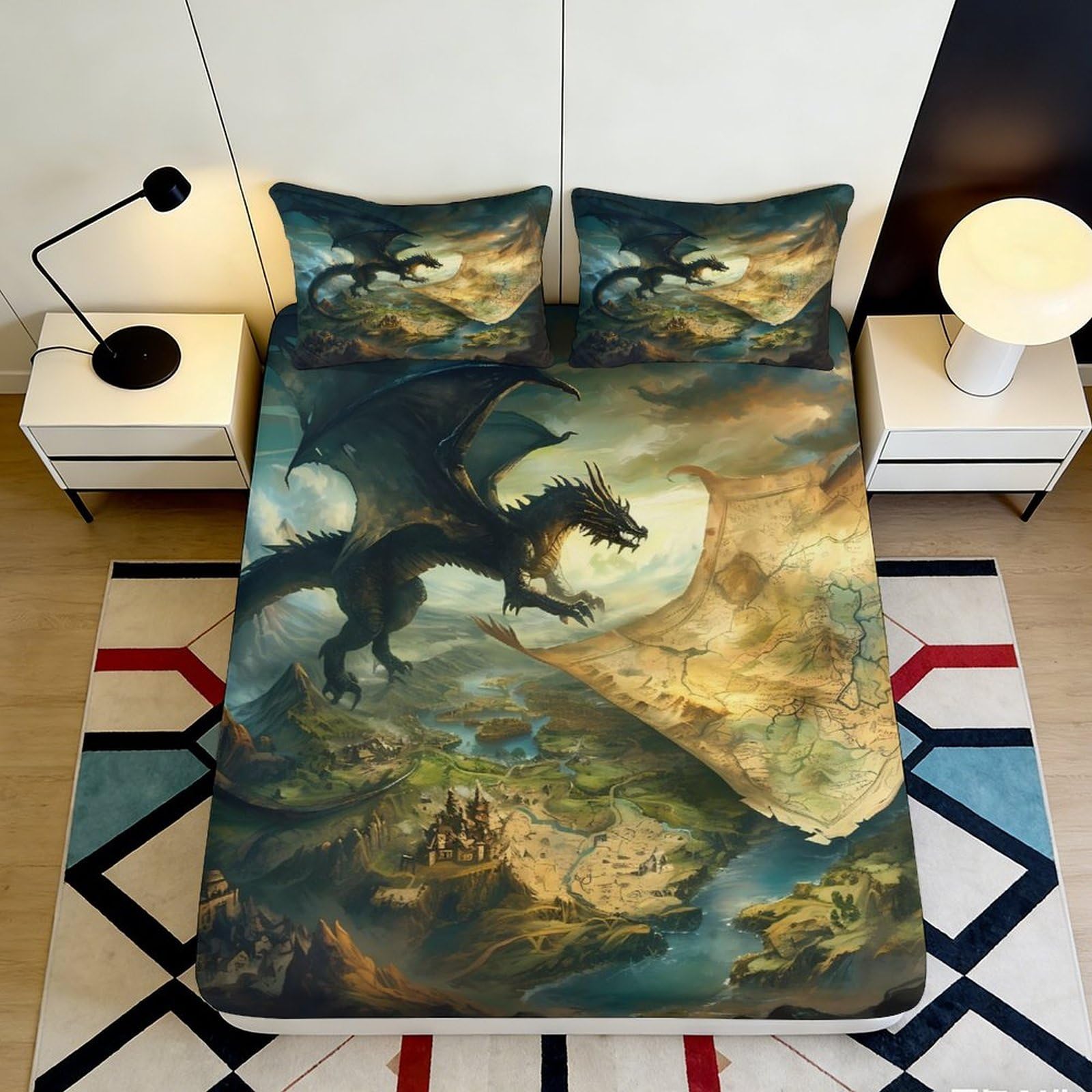 3D Printed Dragon Fantasy Fitted Sheet Microfiber Soft Breathable Medieval Landscape Bed Sheet for Bedroom Dorm Decor 90x200x25cm