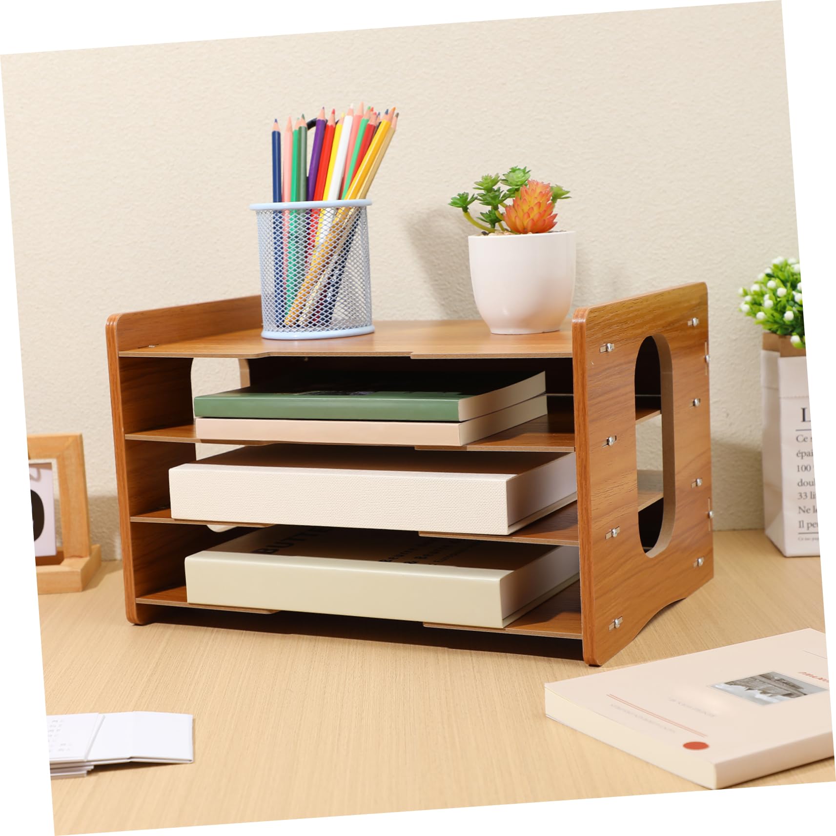 Organizador de Correo de Encimera 4 Capas Diseño Vertical para Oficina y Hogar, Clasificador de Papel de Madera para Documentos, Facturas y Revistas