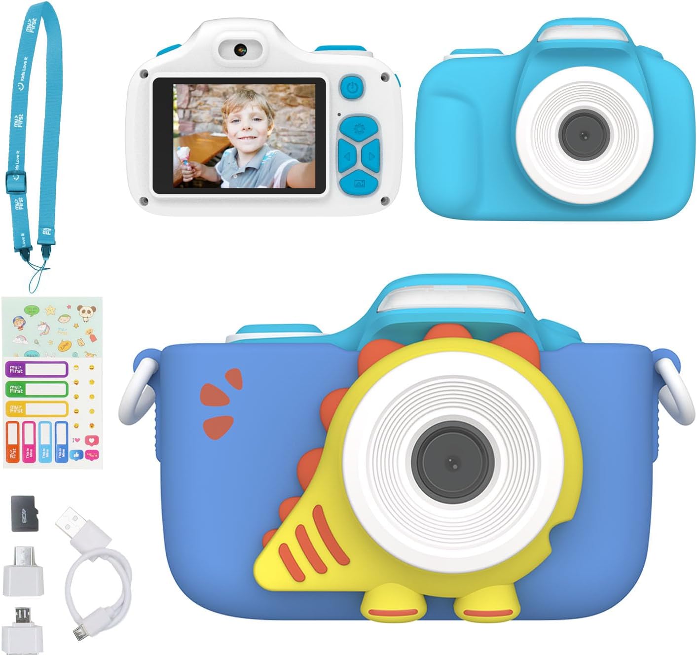 myFirst Camera 3 with its blue dinosaur-themed silicone case and blue neck lanyard.