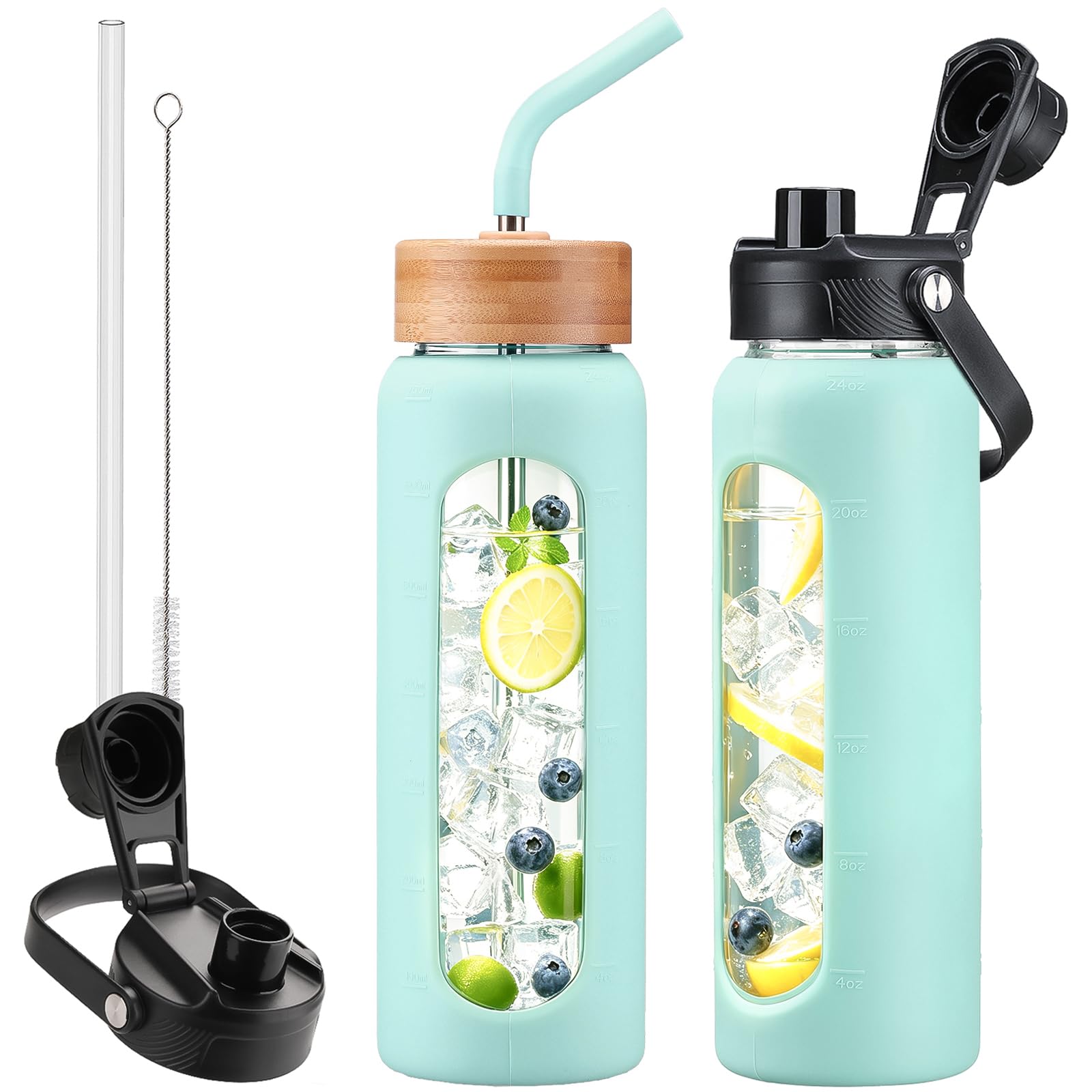24oz Glass Water Bottle with Straw and 2 Lids, Mint Green