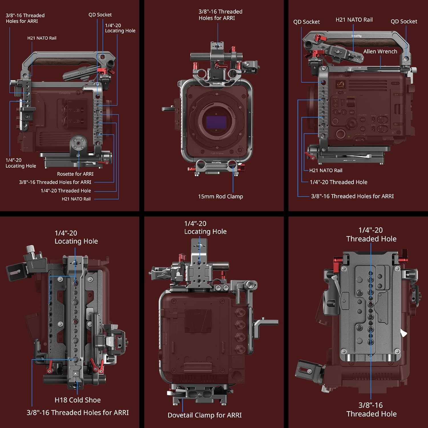 Detailed diagram showing various mounting points on the SmallRig Cage Kit, including 3/8-16 ARRI threads, 1/4-20 locating holes, NATO rails, and cold shoes.