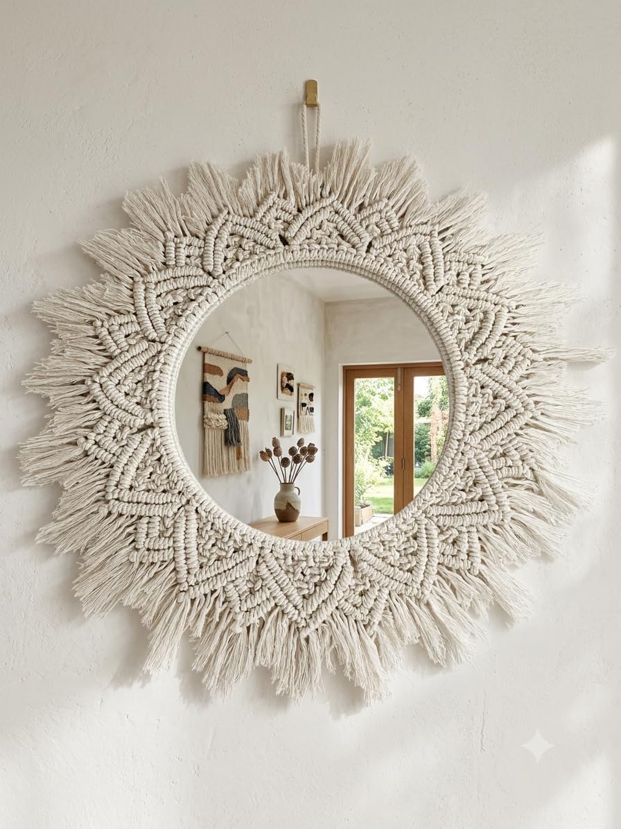 Macrame Round Wall Mirror for Home Decor | Handmade Boho Hanging Mirror with Cotton Rope Fringe | Decorative Round Mirror for Living Room, Bedroom, Entryway, Bathroom Wall Decor (Off white-16)-image-23