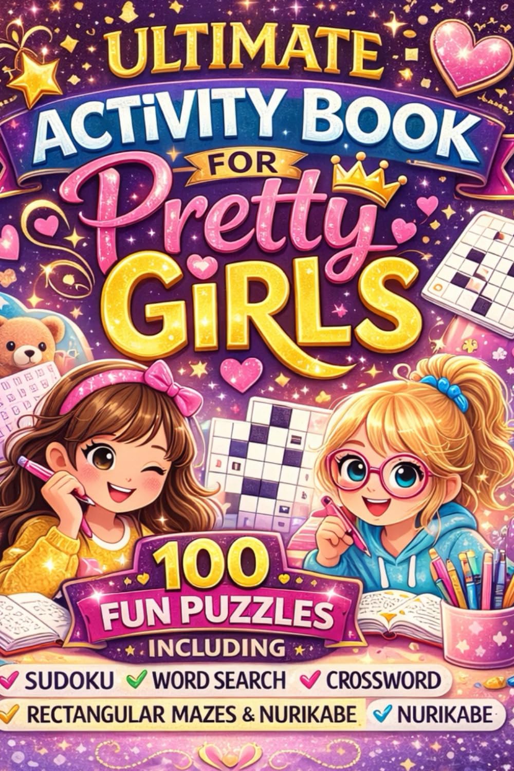 Ultimate Activity Book For Pretty Girls: 100 Fun Puzzles (Sudoku, Word Search, Crossword, Rectangular Mazes & Nurikabe) |Solution Included|