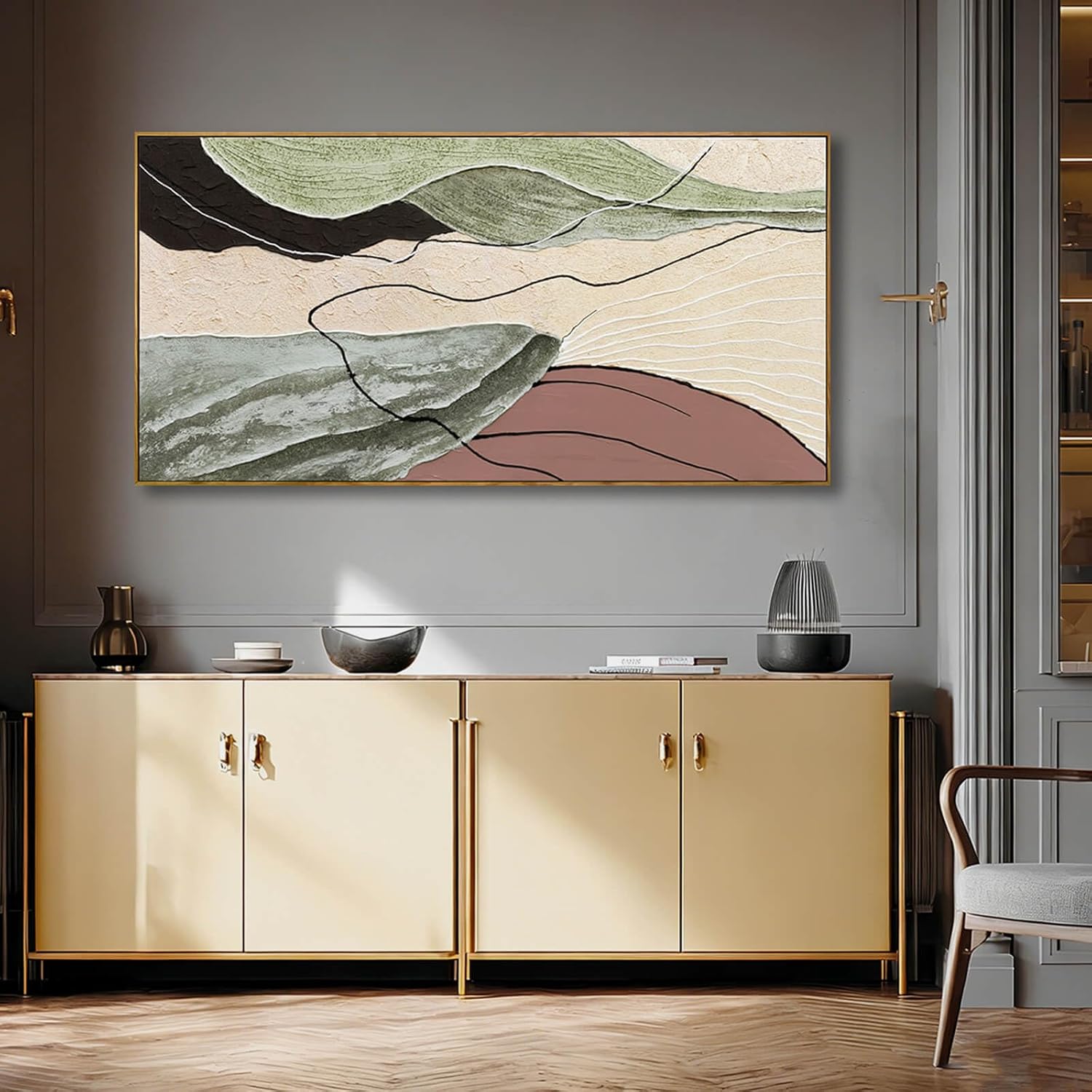Large Framed Green And Beige Abstract Wall Art for Living Room,24x48 In Modern Canvas Prints Paintings,Brown Color Pictures for Living Room Dining Bedroom Hallway Office Wall Decor