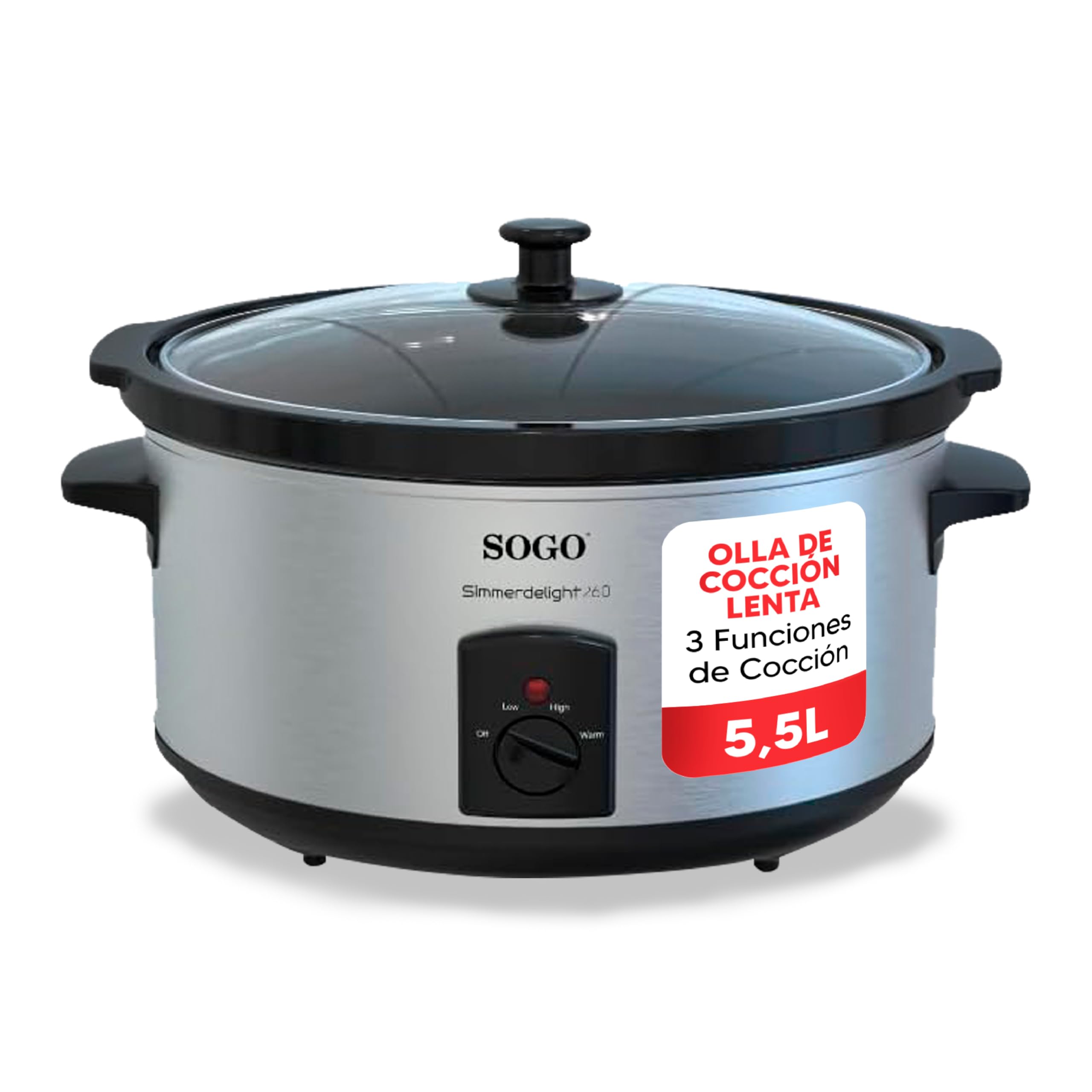 Sogo Pentola a cottura lenta da 5,5 l con 3 funzioni di cottura – Pentola da cucina elettrica con coperchio in vetro temperato per controllo – Pentola da cucina adatta per lavastoviglie con manico