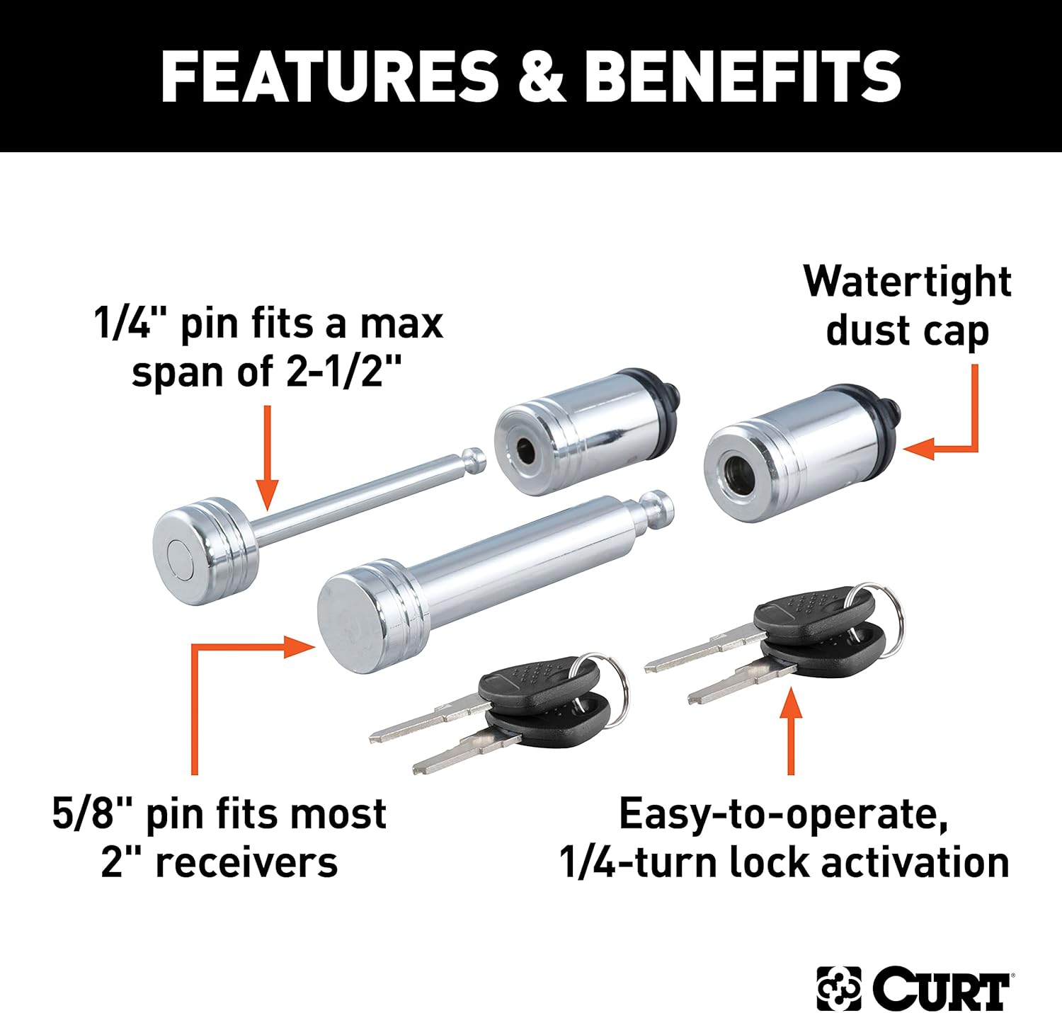 CURT 23527 Trailer Lock Set for 2-Inch Receiver, 2-1/2-Inch Coupler Latch Span, Chrome & Black