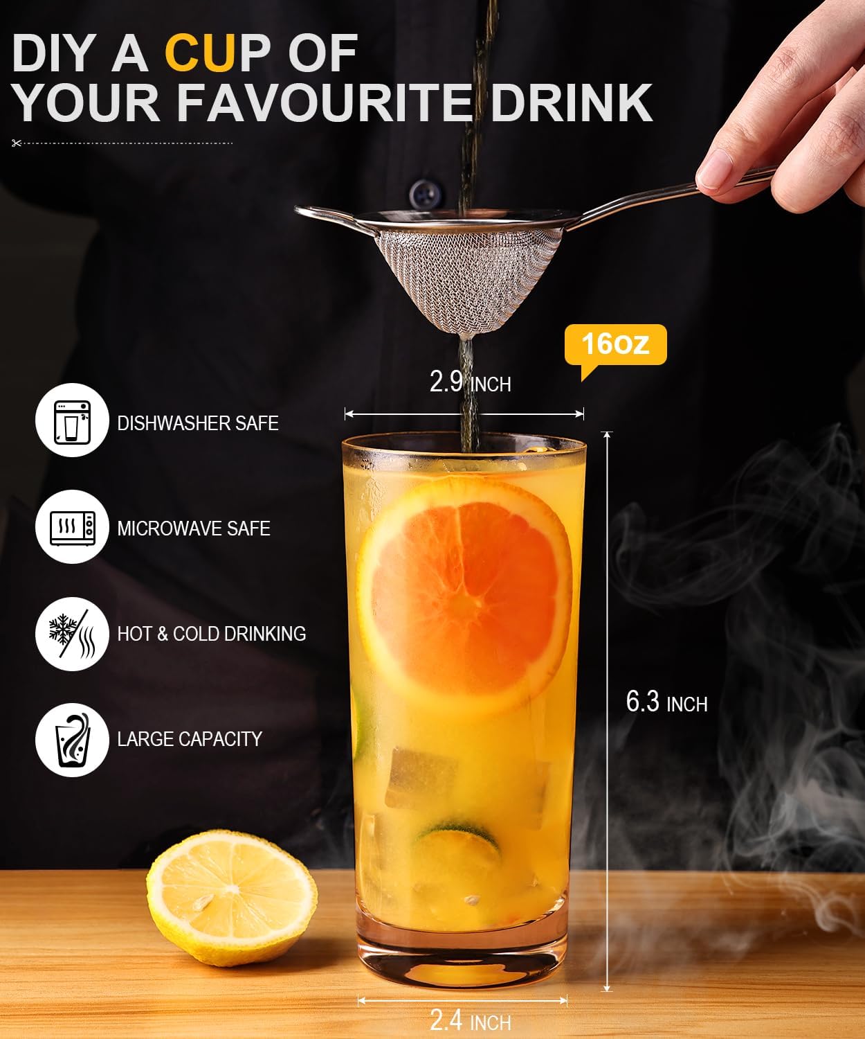 LUNA & MANTHA Drinking Highball Glasses Set of 6, Water Glasses 16 oz, Wide Mouth Design Lead-Free Crystal Glassware, Tall Glass Cups for Mojito and Tom Collins, Cocktail - Image 4