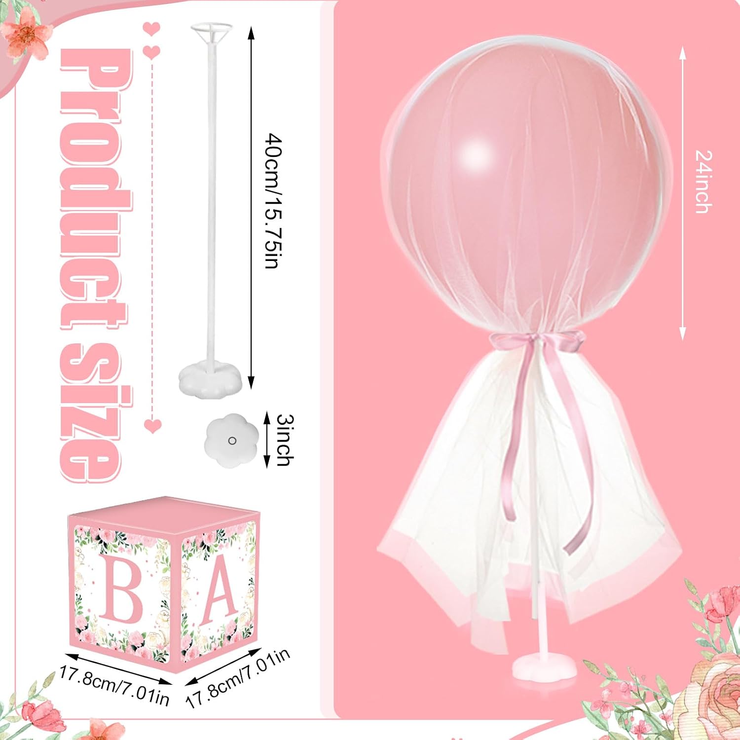 6 Set Pink Brown bear Tulle Tutu Balloon with Letter Boxes Baby Shower Table Centerpieces Decor for Gender Reveal 24'' Balloons White Tulle Cover with Stand, Boxes for Girl Boy Wedding Birthday Party
