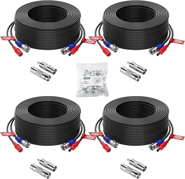 ZOSI 4 Pack 100ft(30M) All-in-One Video Power Cables,BNC Extension Security Camera Cable for CCTV Surveillance Camera DVR System With 4 x BNC&RCA Connector and 100pcs Cable Clips