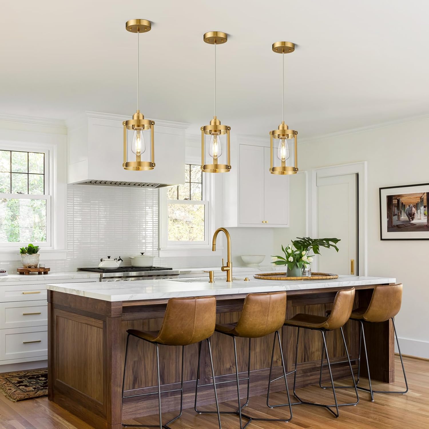 Brushed Gold 3 Pack Pendant Lights Kitchen Island and 4-Light Linear Chandelier for Kitchen Island Dining Room