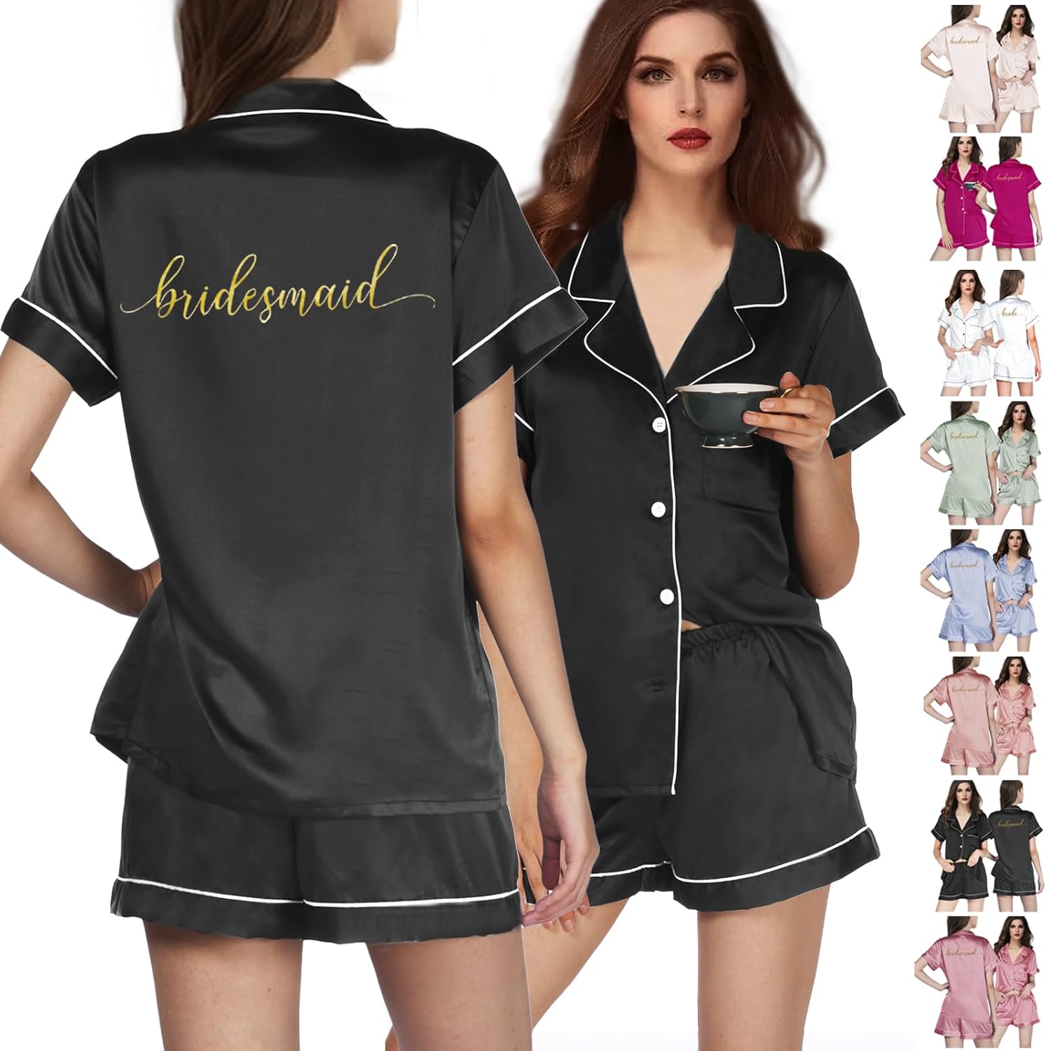 Womens Floral Bridesmaid Pajamas 2Pcs Bride Silk Pajama Set For Bridal Party Gifts Soft Satin Pj Sets Silky Pjs