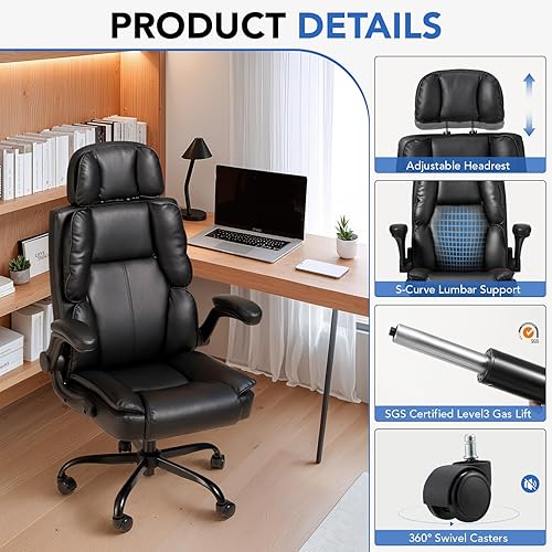Miniatura 4 de Cómoda silla de oficina con reposacabezas ajustable, silla de escritorio ejecutiva de cuero con soporte lumbar, función mecedora, silla ergonómica