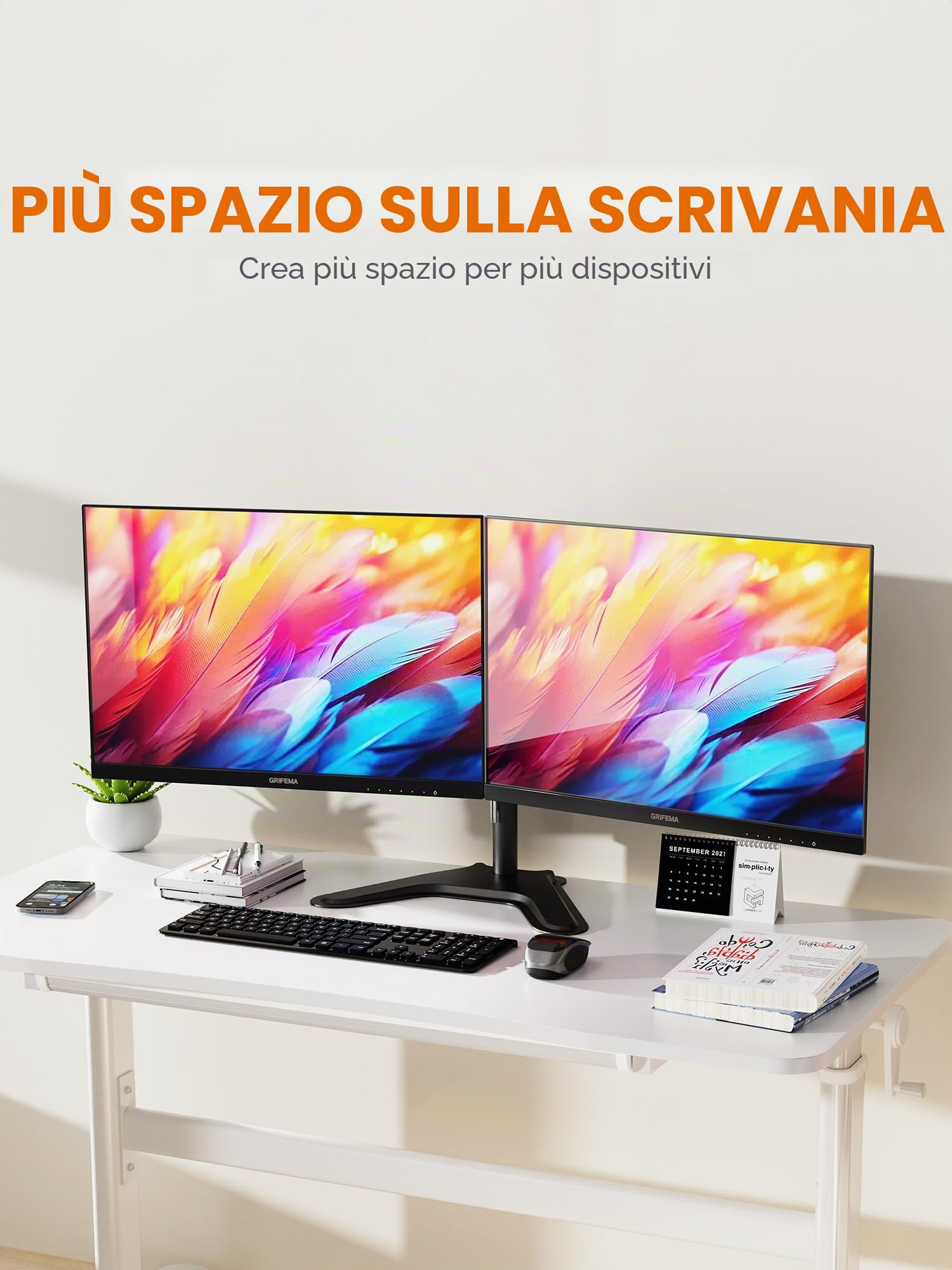 GRIFEMA Braccio Monitor Doppio per Schermi 13-32'', Supporto Doppio Monitor Altezza Regolabile, Base Allargata, Inclinazione, Girevole, Rotazione, Gestione dei Cavi, Fino a 10 kg, VESA 75/100mm