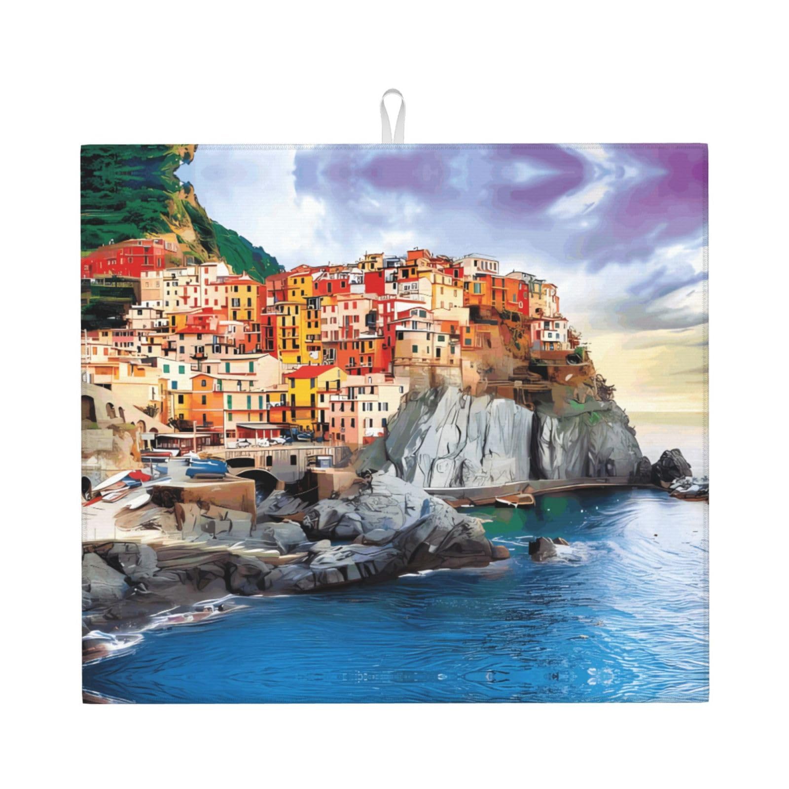 YYHWHJDE Cinque Terre scenery Prints Kitchen Drying Mat - Absorbent Dish Drying Throw with Vibrant Prints, Quick-Dry Countertop Layer for Dishes & Appliances - Non-Slip & Foldable