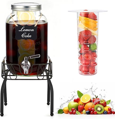 Miniatura 1 de Dispensadores de bebidas de vidrio de 2 galones para fiestas, dispensador de bebidas con soporte, cilindro de hielo y grifo de acero inoxidable,
