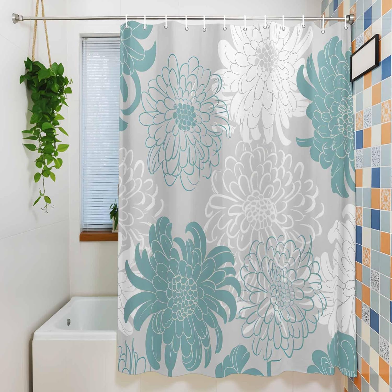 Shower Curtain Waterproof Polyester Fabric Shower Curtain Set with Hooks, Abstract Floral Dahlia Cyan White and Grey Privacy Shower Curtains for Bathroom Showers, Stalls and Bathtubs, 72x72 Inches