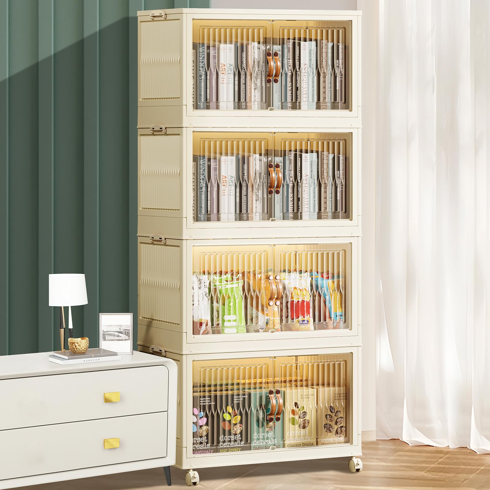 Stackable Storage Bins with Lids 56 Gal Folding,4-Tier Plastic Foldable Storage Boxes with Doors and Wheels