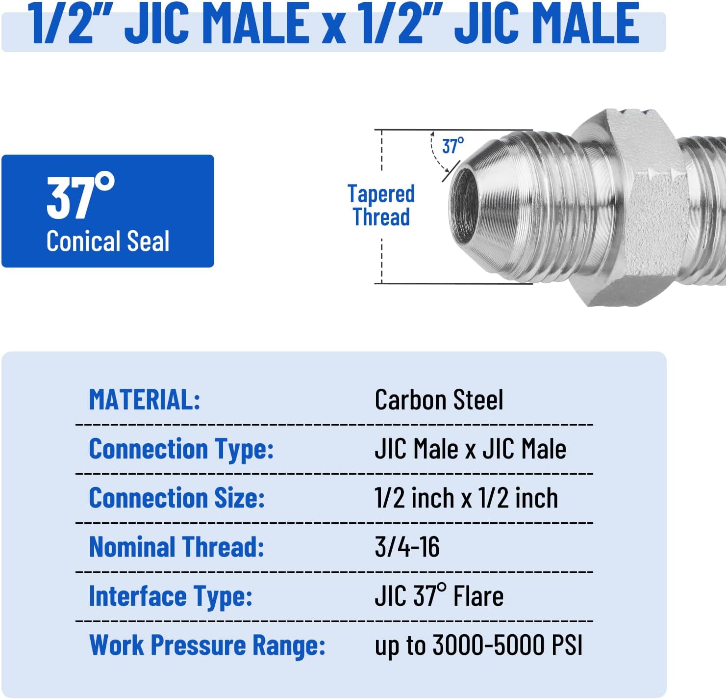 10 Pack Hydraulic Hose Adapter Fittings: 1/2" JIC Male x 1/2" JIC Male, Straight Tube Hydraulic Connectors with Protection Cover