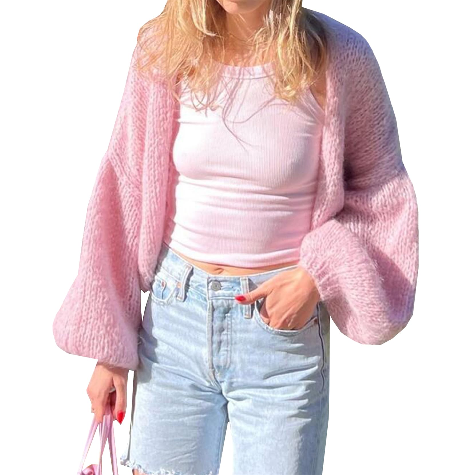 Women Y2K Cardigan Sweater Long Lantern Sleeve Open Front Solid Crop Knit Outwear Fall Casual Cute Loose Shrug