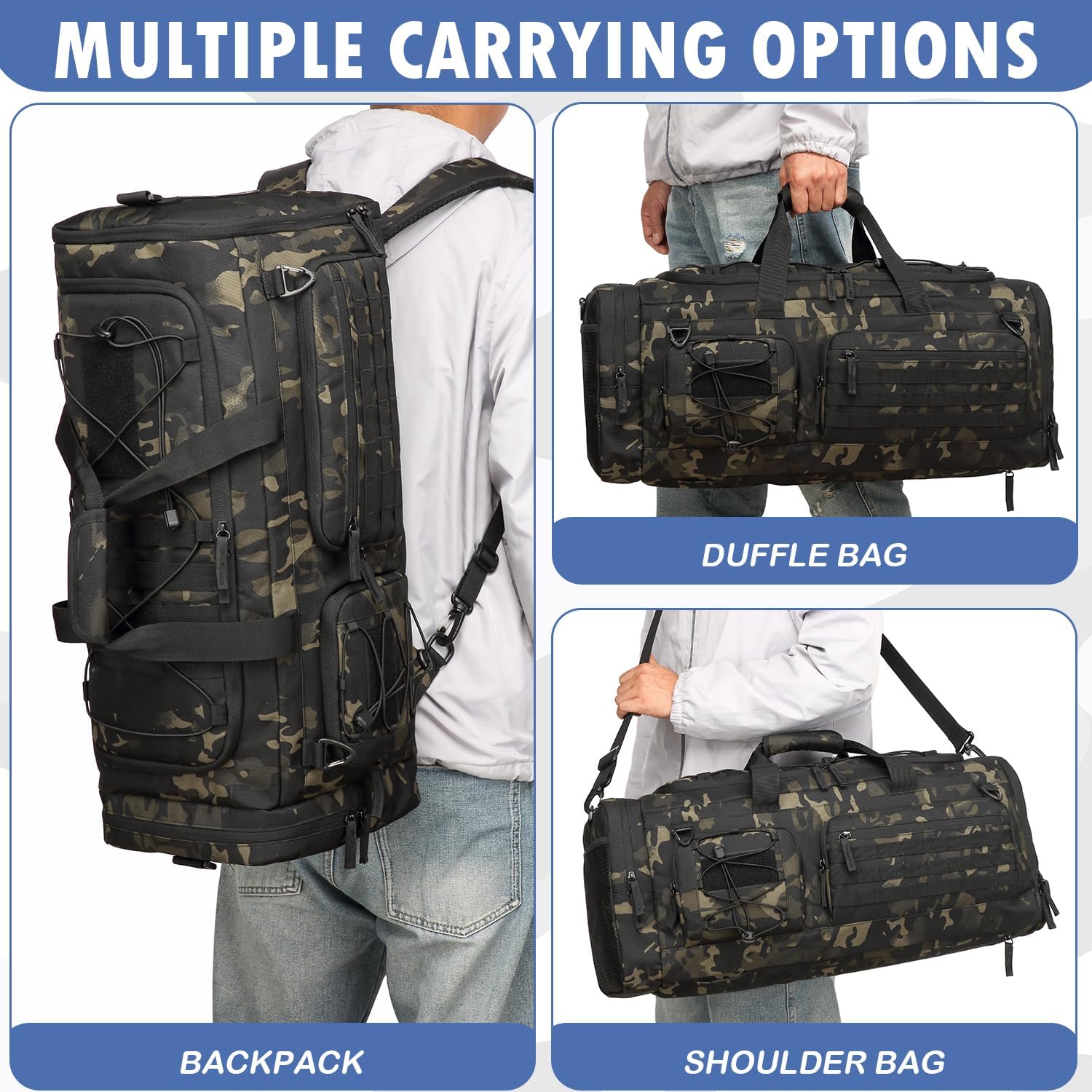 Gym Bag for Men and Women, 50L Extra Large Duffle Bag, 3-in-1 Travel Sports Duffel Bags with Shoe & Laptop Compartment for Overnight Weekender Gym Traveling Workout Deployment, Black CM - Image 6