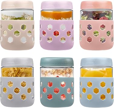 6 Pcs 16oz Overnight Oats Jar, Glass Jar with Screw Lid Leakproof Overnight Oats Container and Protective Silicone Sleeve, Yogurt Jars, Oatmeal Salad Jars, for Cereals Milk Fruit,  6 Colors 480ml