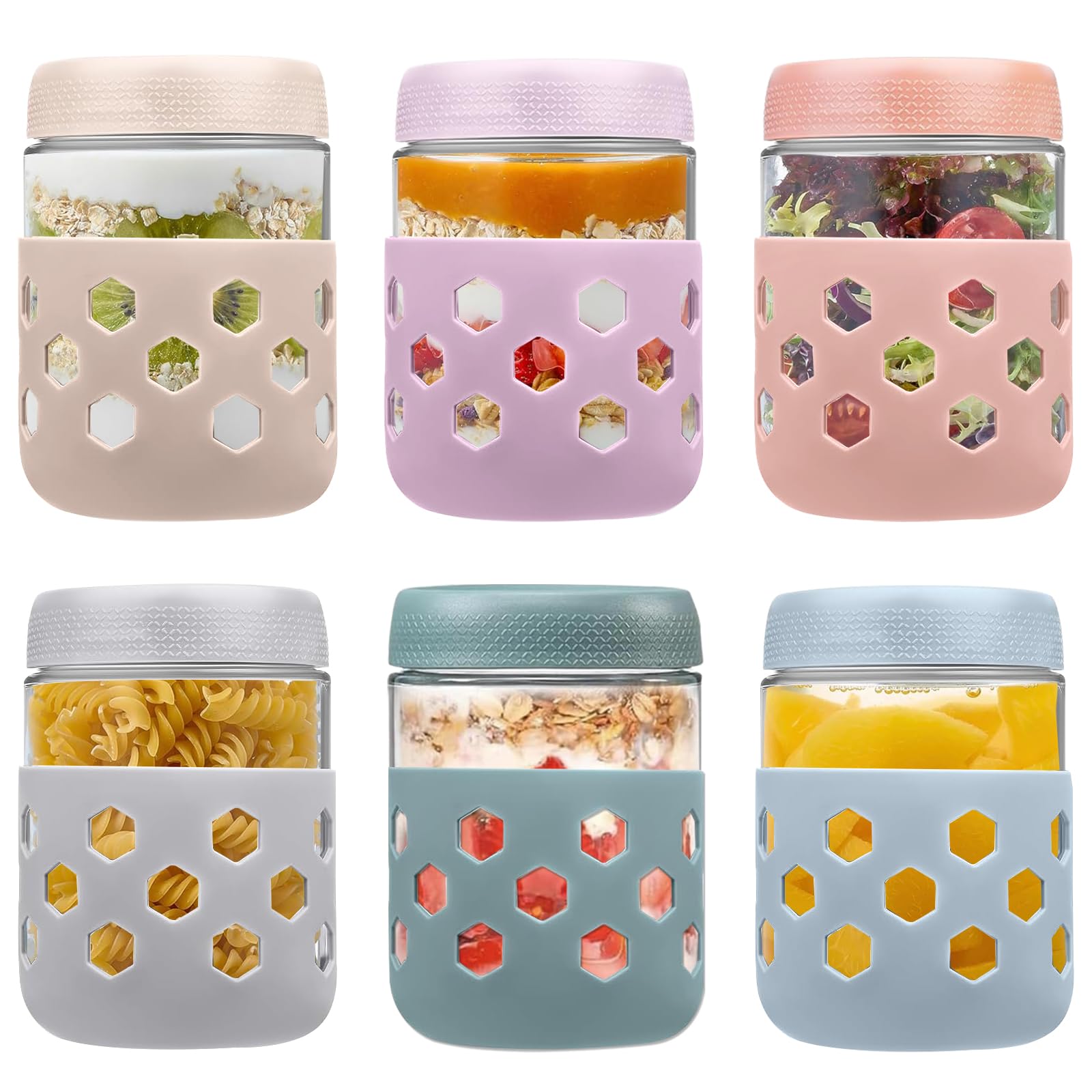 Nbbeng 6 Pcs 16Oz Overnight Oats Jar, Glass Jar With Screw Lid Leakproof Overnight Oats Container And Protective Silicone Sleeve, Yogurt Jars, Oatmeal Salad Jars, For Cereals Milk Fruit, ( 6 Colors 480Ml )