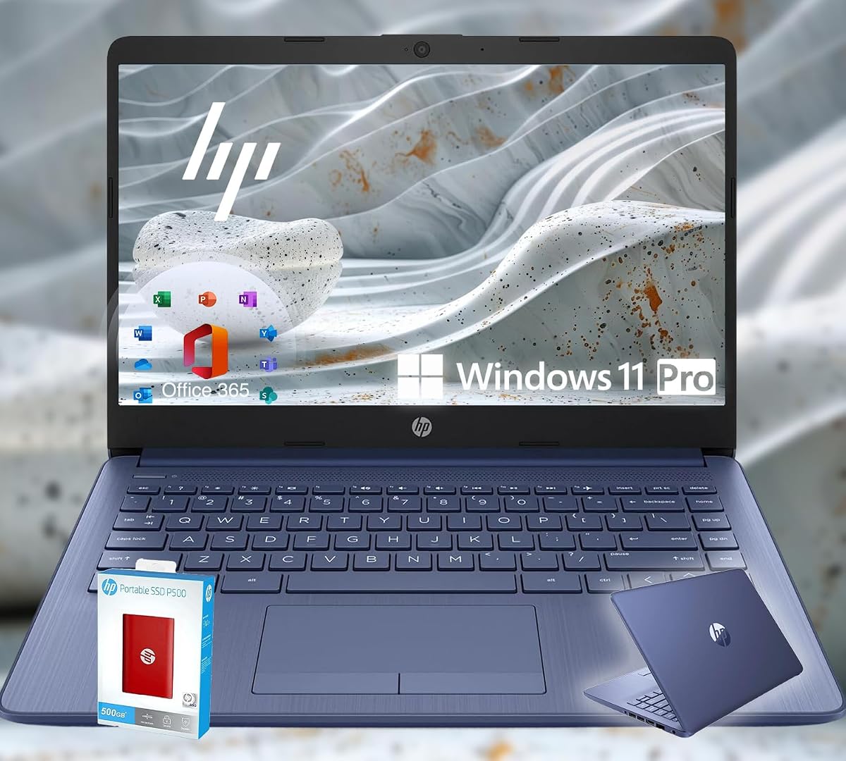 Ultrabook de 14 • CPU Intel de 4 núcleos • Edición limitada de regreso a clases con Microsoft 365 • 16 GB de RAM • 1600 GB de almacenamiento (64 GB integrados con SSD portátil HP P500 de 512 GB + OneDrive de 1 TB) • Win11 Pro • Azul real