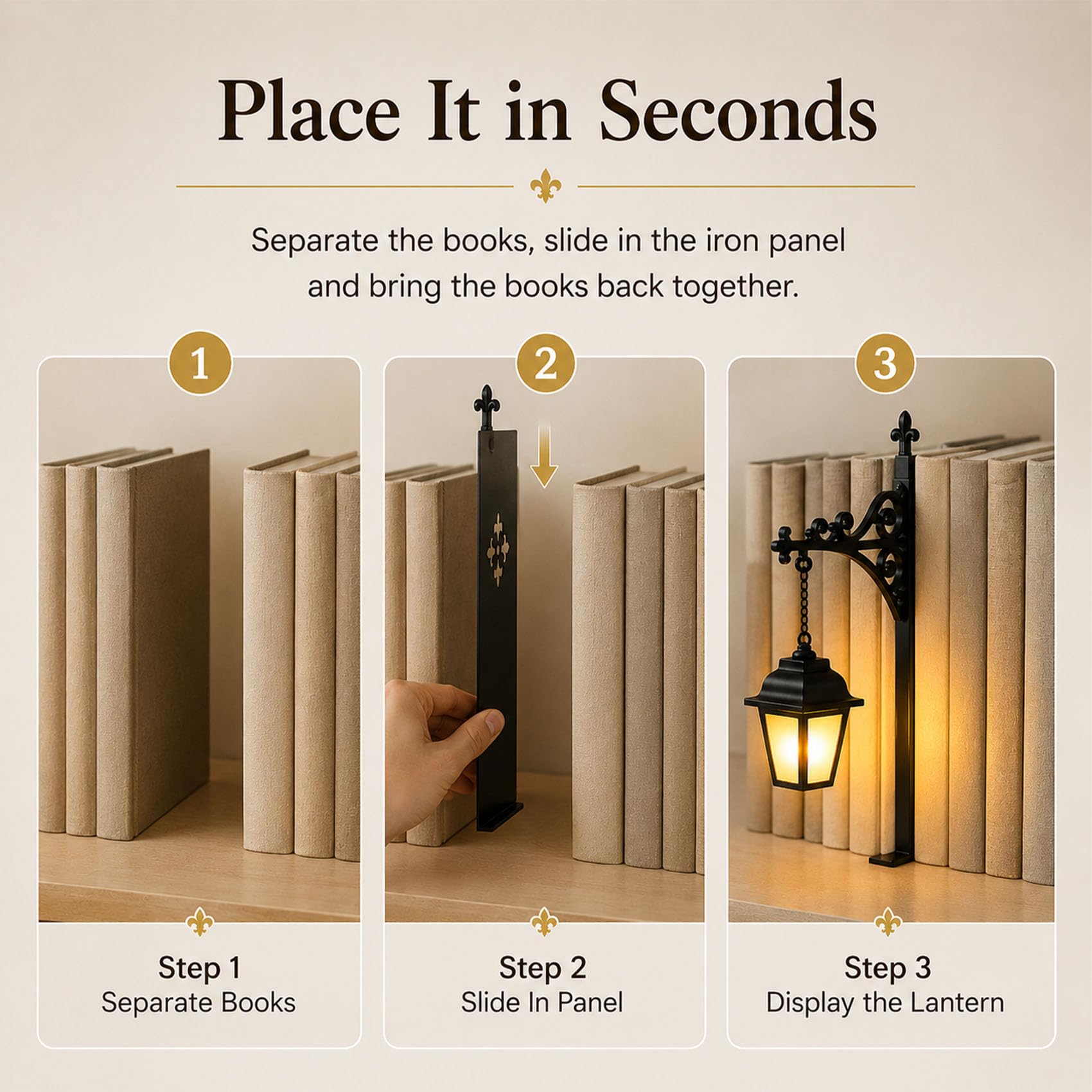 Library Lantern Mini Bookshelf Lamp, Iron Bookend with Warm Light, Decorative Bookshelf Lantern for Home Library, Study and Reading Nook (Lantern Style,3pcs)