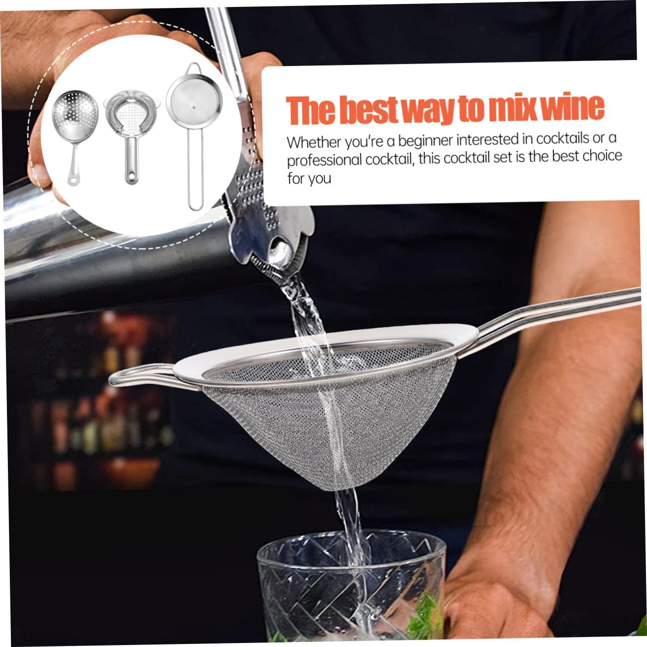 3pcs Cocktail Shaker Set Stainless Steel Bartender Tools Strainer Martini Shaker Bar Set for Cocktails Style