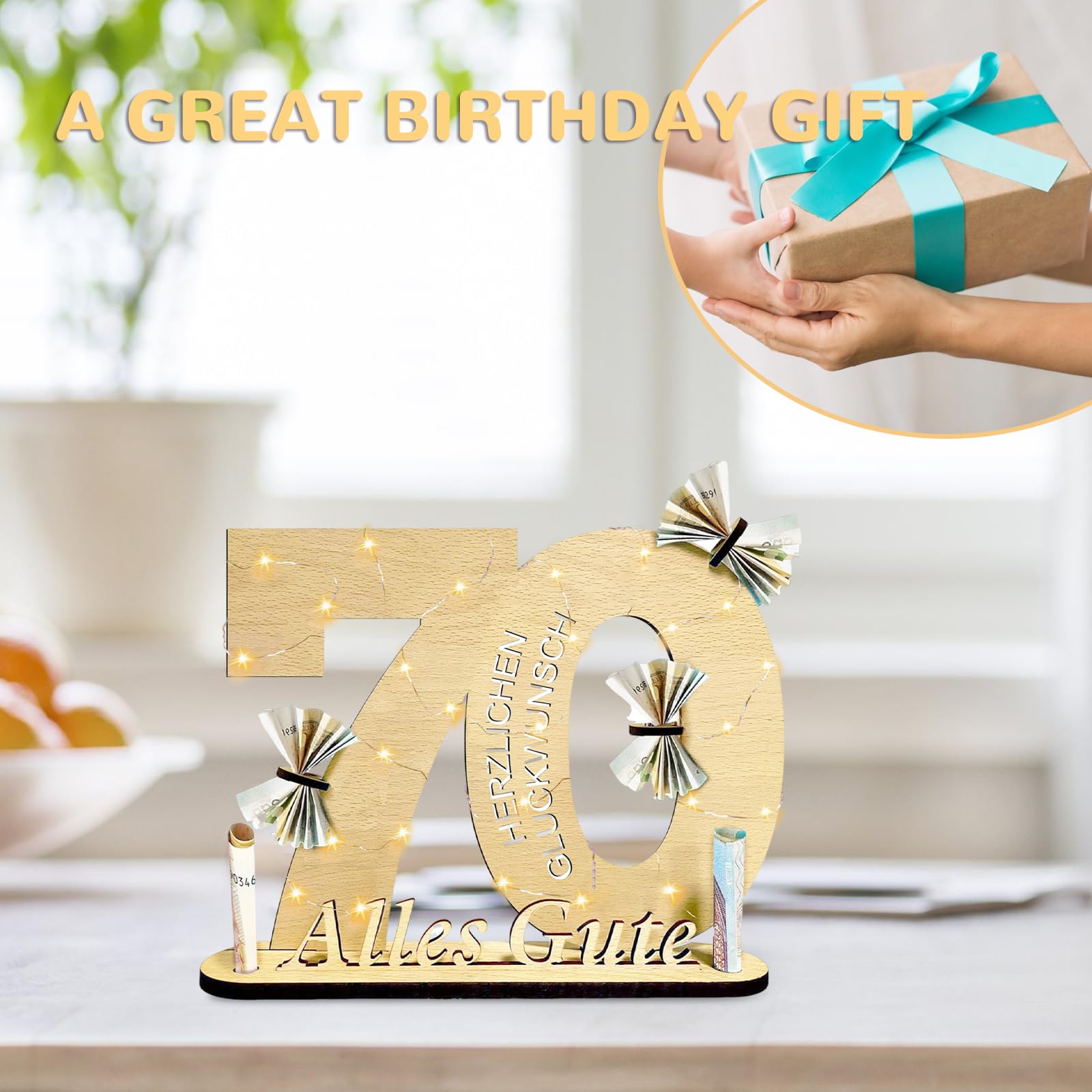 Regalo Di Legno Per 50° Compleanno Con Luce LED - Supporto Per Candele E Banconote, Decorazione Da Tavolo Personalizzabile Per Uomo E Donna - 5