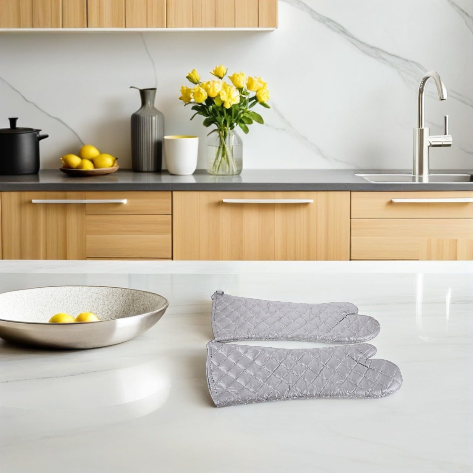 jojofuny Hitzebeständige mit Langem Schutz aus Polyester Baumwolle Ofenhandschuhe Silberne Topflappen zum Kochen und Backen in Küche