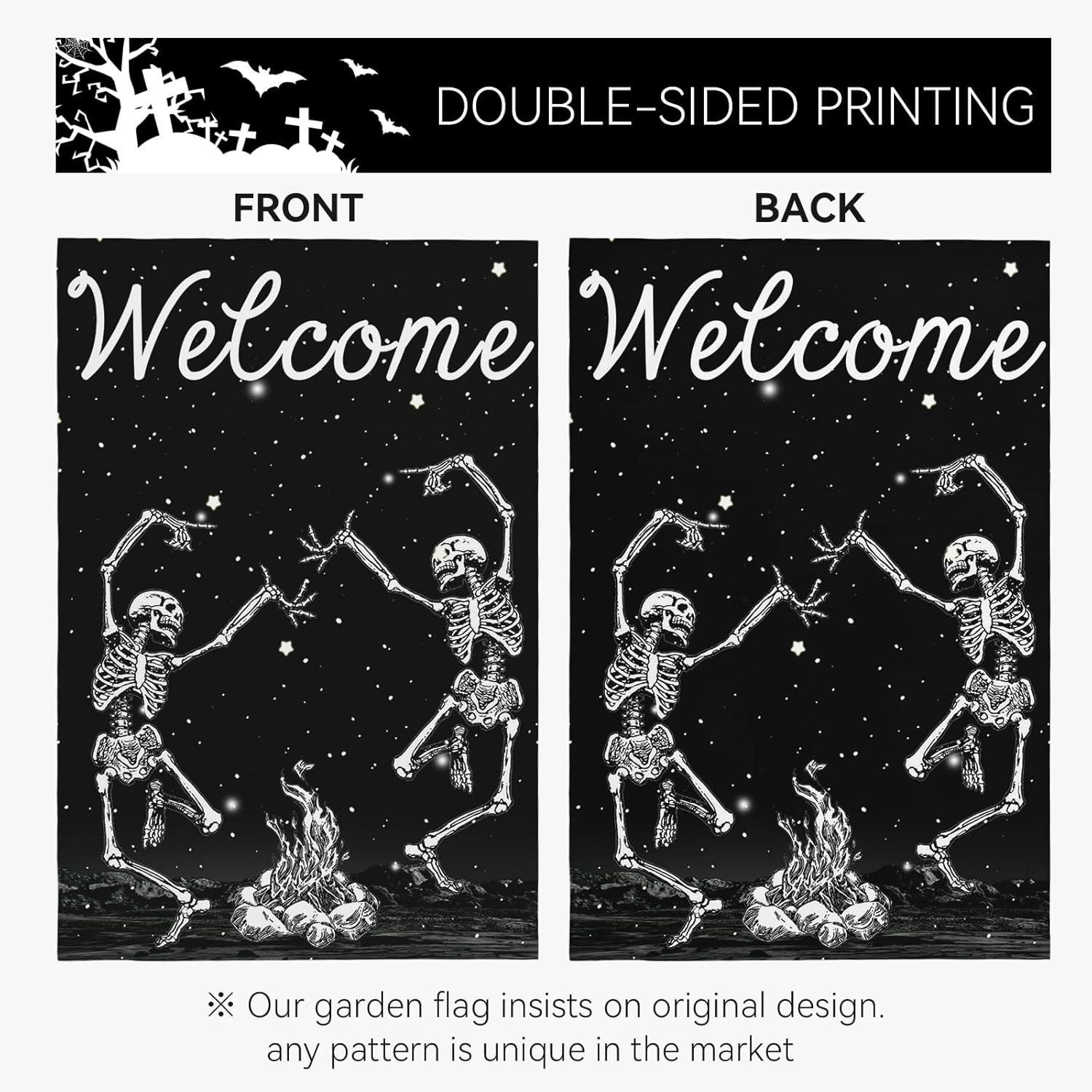 Halloween Skull Welcome Garden Flags 12 x 18 Inch Dancing Human Skeletons Garden Flag for Outside Black Yard Flags Double Sided for Lawn Outdoor Decorations - Image 7