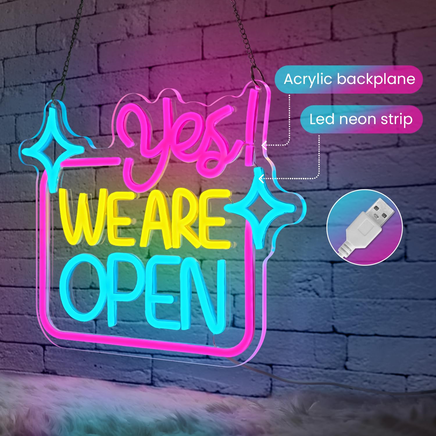 Lxmoneon Yes We Are Open Neon Light Sign,Colorful LED Shop Open Signs for Business,USB Dimmable Open Neon Wall Sign,Open Sign for Cafe Bar Dessert Shop Salon Hotel Restaurant Window Display - Image 3