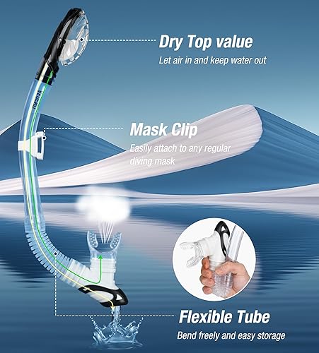 Miniatura 3 de Aegend Esnórquel seco, máscara de buceo fácil de respirar, esnórquel para esnórquel, buceo, buceo, apnea, natación, con válvula seca superior y