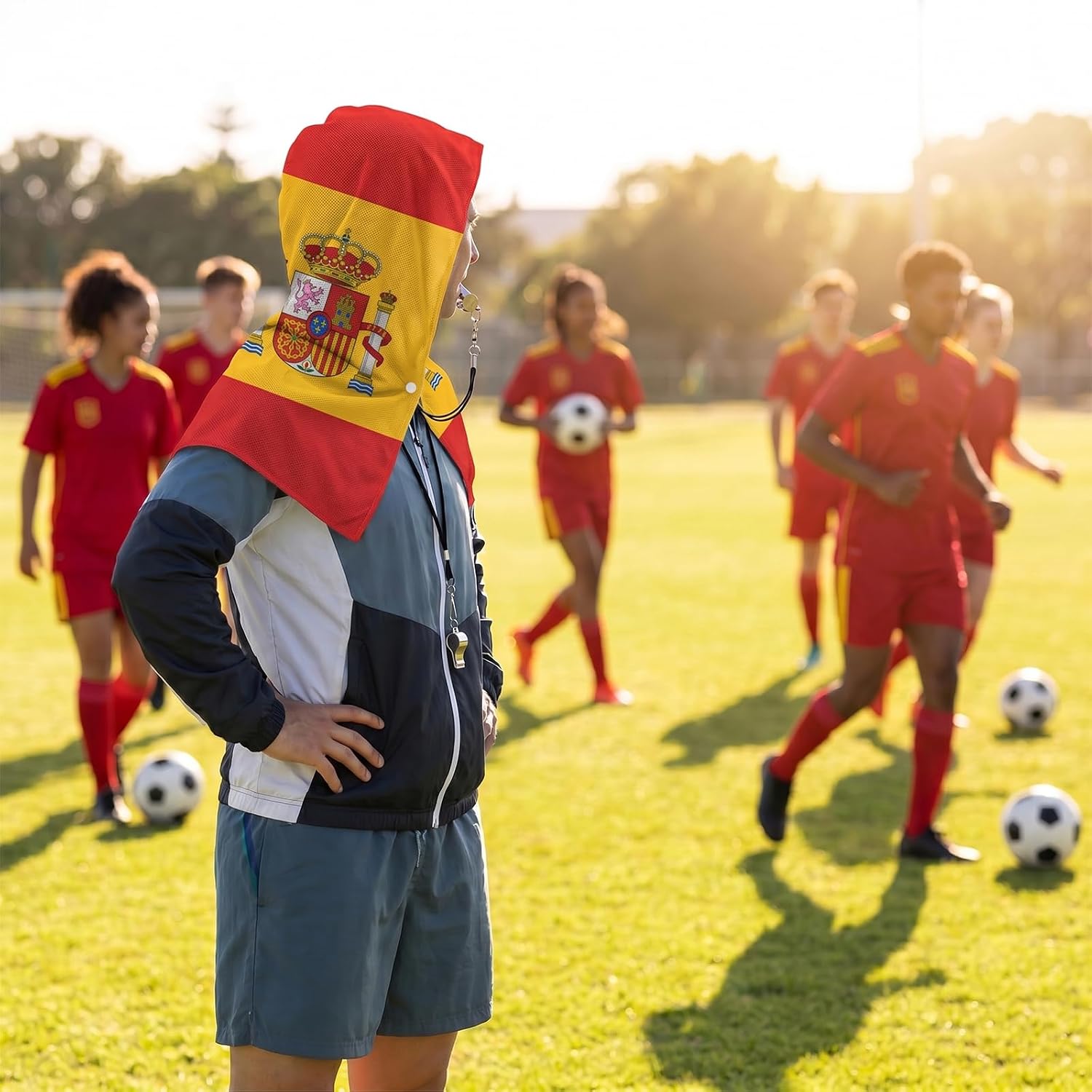 Spanish Flag Cooling Hoodie Towel for Neck and Face Sun Protection Instant Ice Cooling Towel for Hot Weather World Soccer Cup Sports Fan Fitness Workout Soft Breathable Gym Towels for Men Women image 5