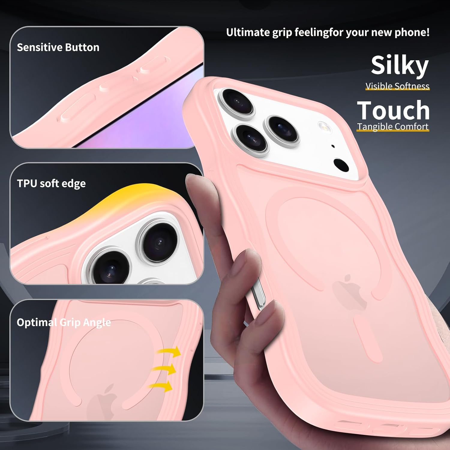 magnetic for iphone 17 pro case, (compatible with magsafe) curly wavy frame hard translucent matte clear back cover for women men tpu bumper shockproof phone case (pink) matte pink for iphone 17 pro