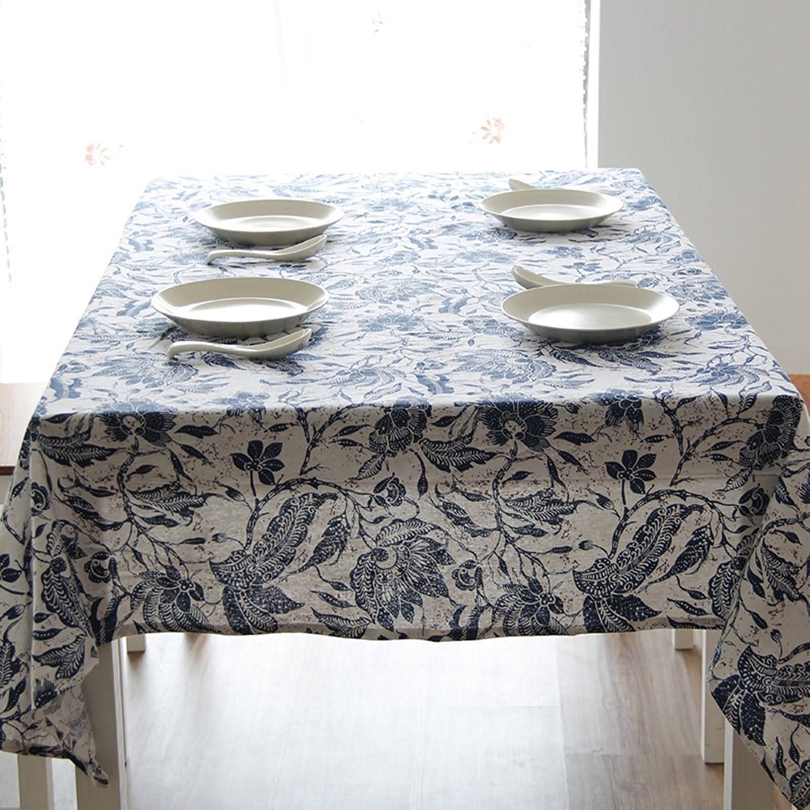 Tovaglia Rettangolare Lino Grezzo Copritavolo Cotone Porcellana Blu Bianca Quadrata Antimacchia Tovaglie Stiro Blu Bianco Decorazione per Protezione Cucina 140X220Cm