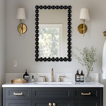 Decorative Beaded Wall Mirror Modern Rectangular Accent Mirror, 20x30, for Living Room, Bedroom, Bathroom, Entryway & Office Available in Gold, Black, White (Black)