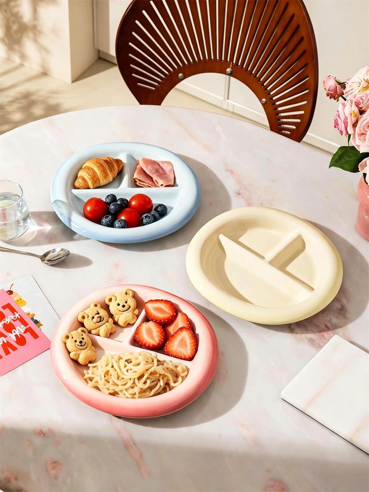 Plats de service de collation ronds, assiettes divisées à 3 compartiments, plateau de service d'apéritif décoratif en céramique 1 pièce