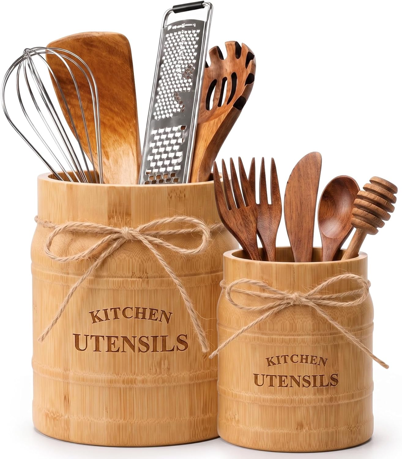 Havawish 2 Pcs Wooden Kitchen Utensil Rack 6.75" + 5.5" Inch Farmhouse Style Utensil Crock Large Countertop Cooking Tool Spatula Organizer for Kitchen Countertop, Rustic Cooking Utensils