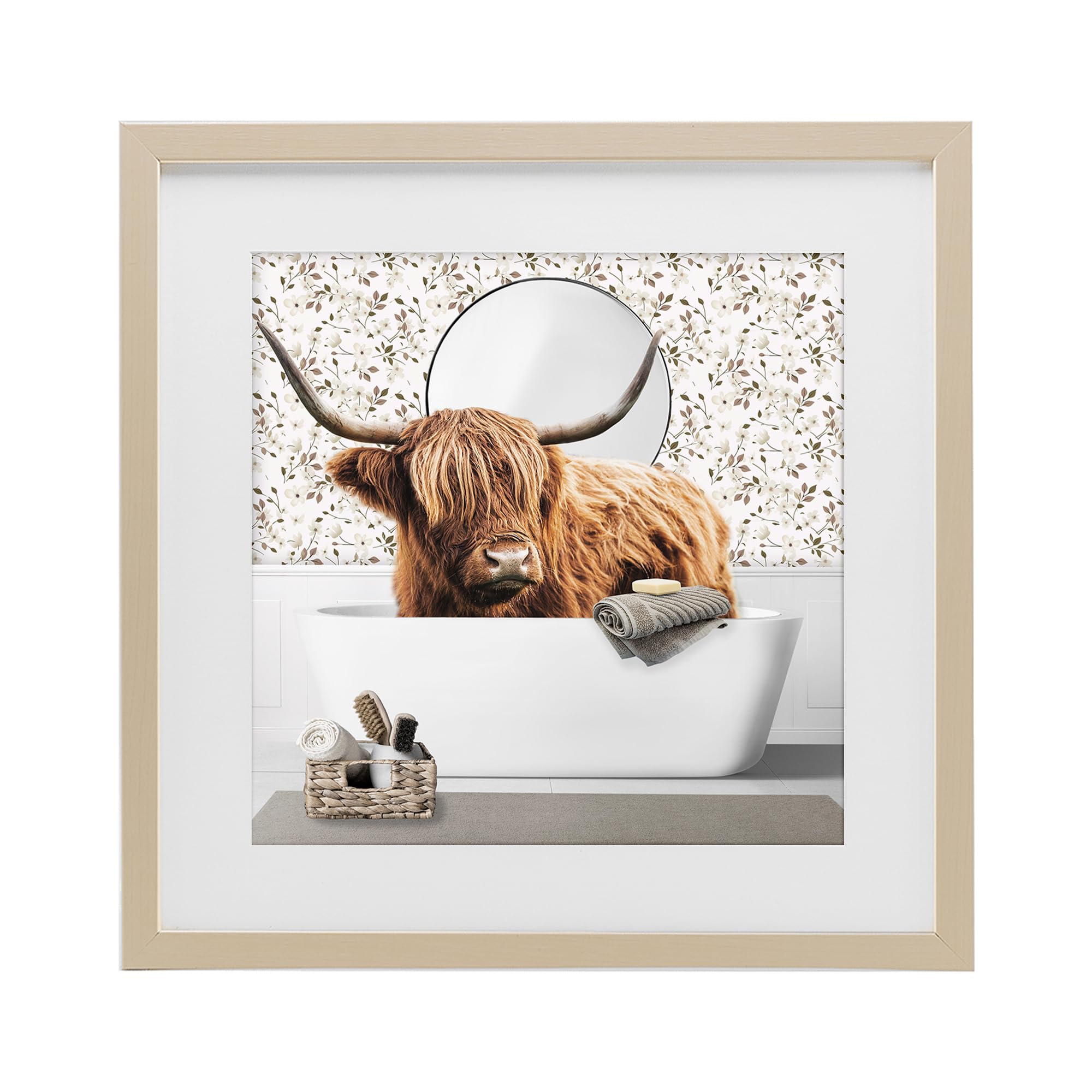 Stupell Industries 'Boho Cattle Bath Time', Framed Print Under Glass, Brown, 13 x 13 Inches, Easy to Hang and Sturdy, Made in USA, by CAD Designs