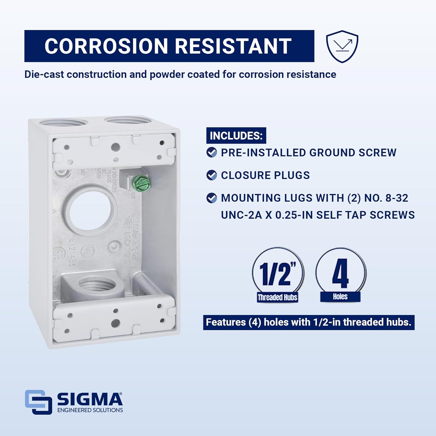 SIGMA ENGINEERED SOLUTIONS 14251WH Metal Electrical Outlet Box, Weatherproof, Easy Mount Plug and Receptacle Protector, White, (4) 1/2-Inch Holes, 1 Gang Deep Box