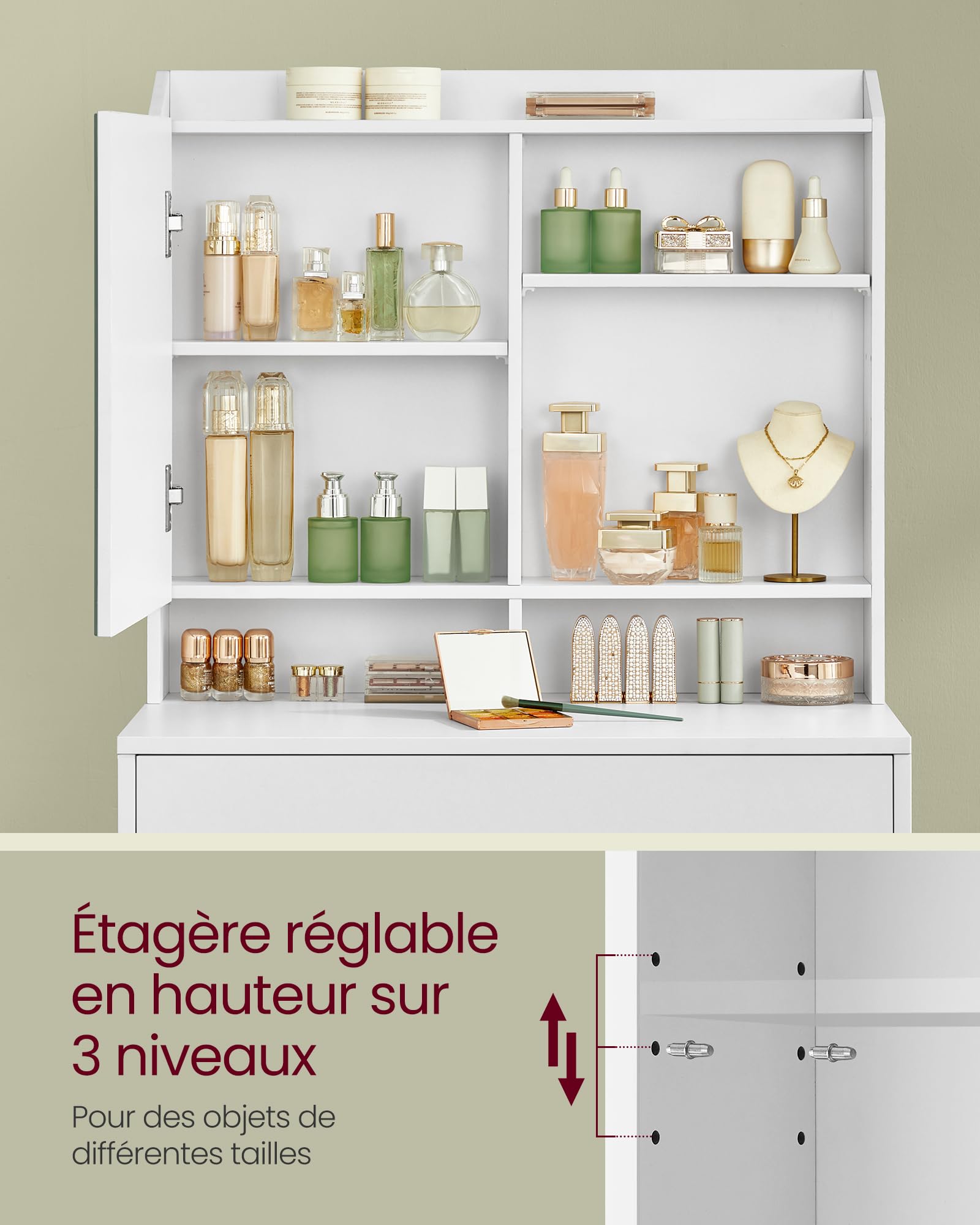 VASAGLE KAILYN Collection - Coiffeuse, Table de maquillage, avec miroir, avec placard de rangement et tiroir, étagères réglables, coin beauté, style moderne, 70 x 40 x 136 cm, Blanc RDT118W01