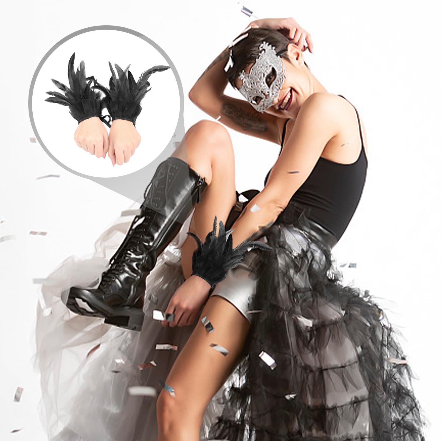 1 mantello a molla con 1 paio di braccialetti a molla, costume da corvo, festa di Halloween, danza, compleanno, carnevale, travestimento, accessorio per costume