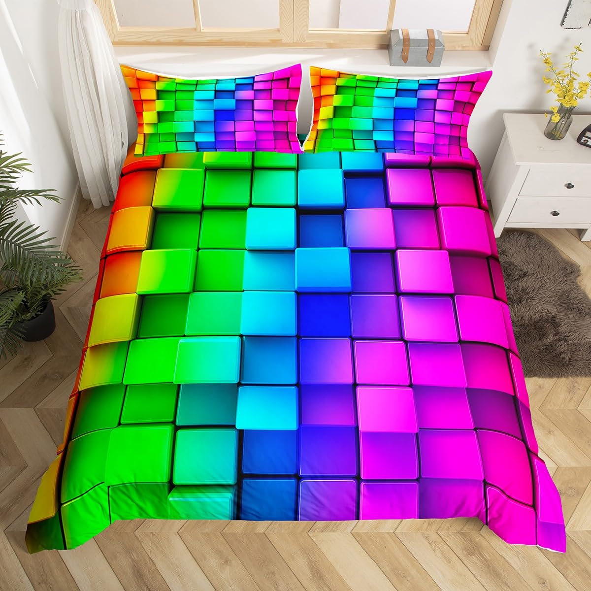 Homemissing Grid Honeycomb Duvet Cover Set Cot Size For Kids Boys Girls 3D Geometric Squares Rainbow Bedding Set Colorful Design Duvet Cover with 1 Pillowcase Geometrical Luxury Bedding โ image 1