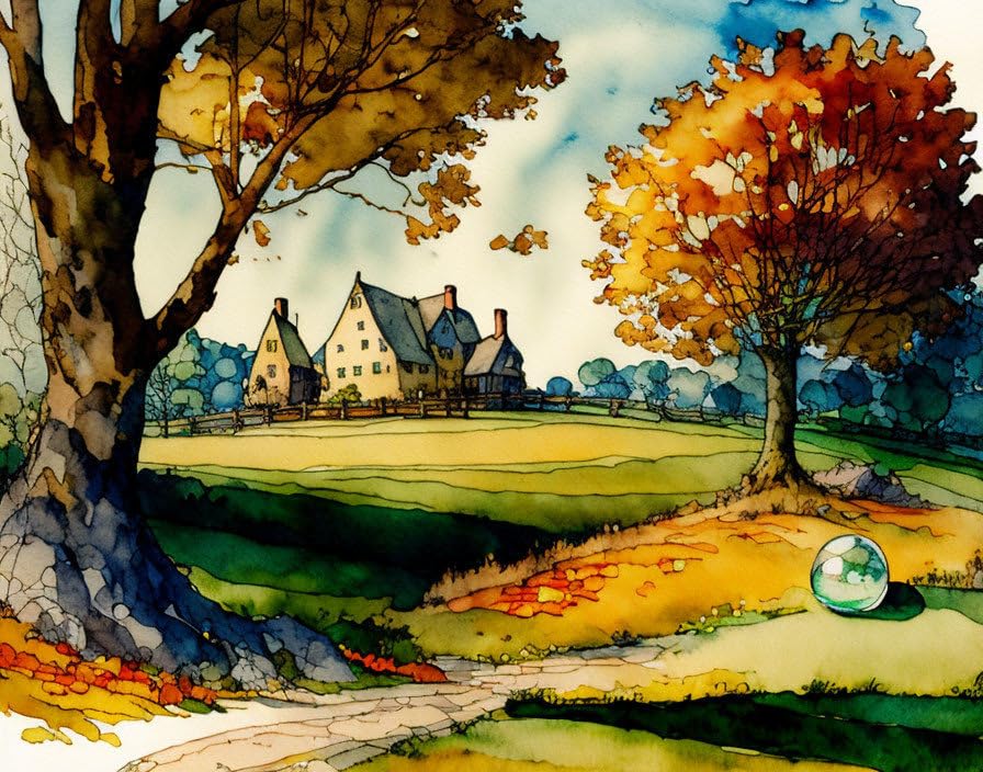 Paysage automne aquarelle toile SERENDIPITP décoration murale salon 58x90