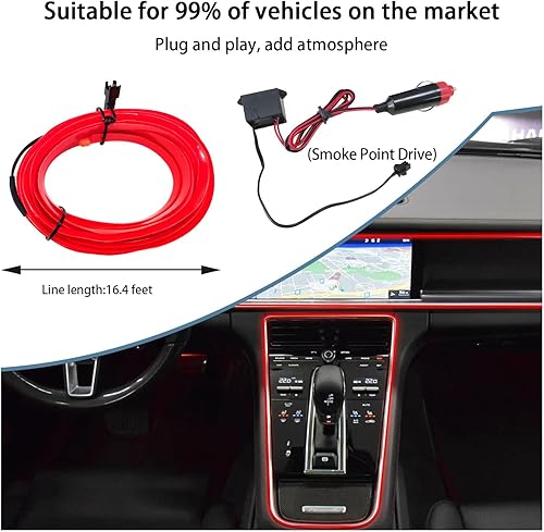 Miniatura 2 de Augeny Tira de luces LED de 16 pies con cable EL para interior del automóvil, luz electrogénica intermitente de neón USB con borde de costura,